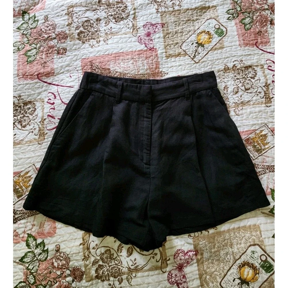 Women's Lined Blend Pleated Shorts High-Rise Pockets Black Size 8‎